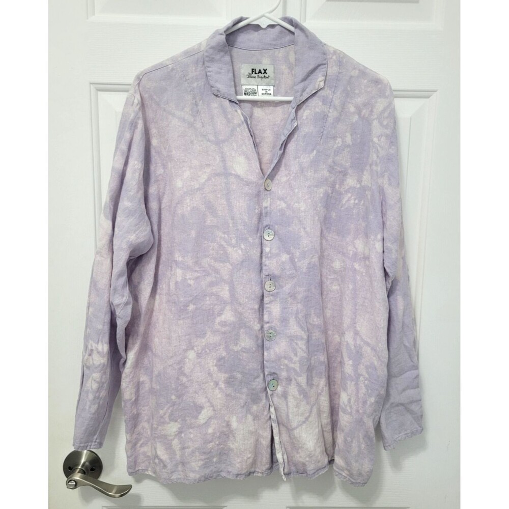 FLAX by Jeanne Engelhart Linen Button Up Tie Dye Shirt Size M Lavender Lagenlook